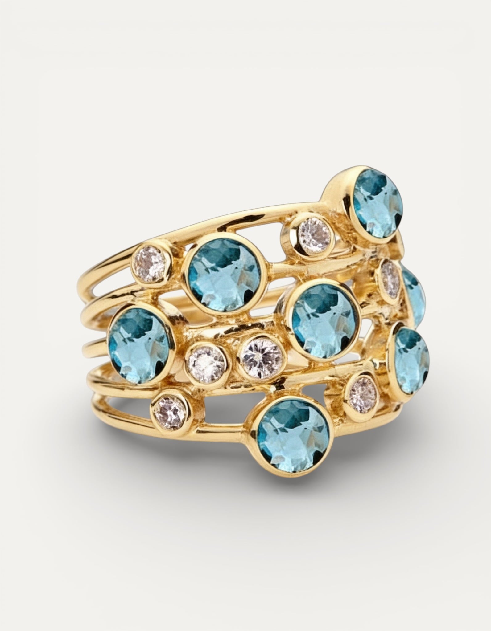 Vintage Gold Multiple Blue and White Cubic Zirconia Ring