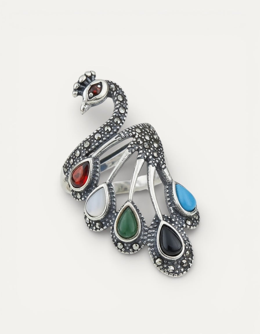 Silver Ethnic Multicoloured Gemstone and Beautiful Peacock Ring
