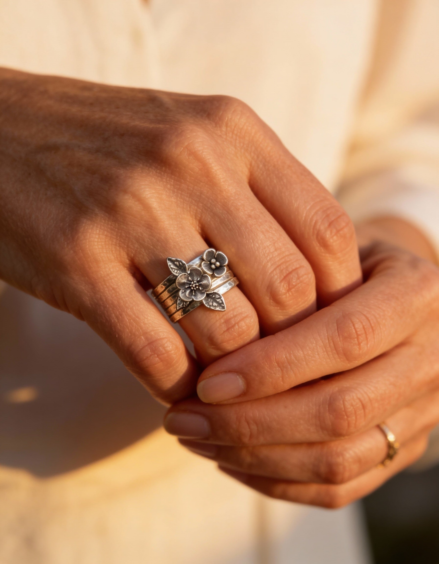 Vintage Layered Silver Flower Ring
