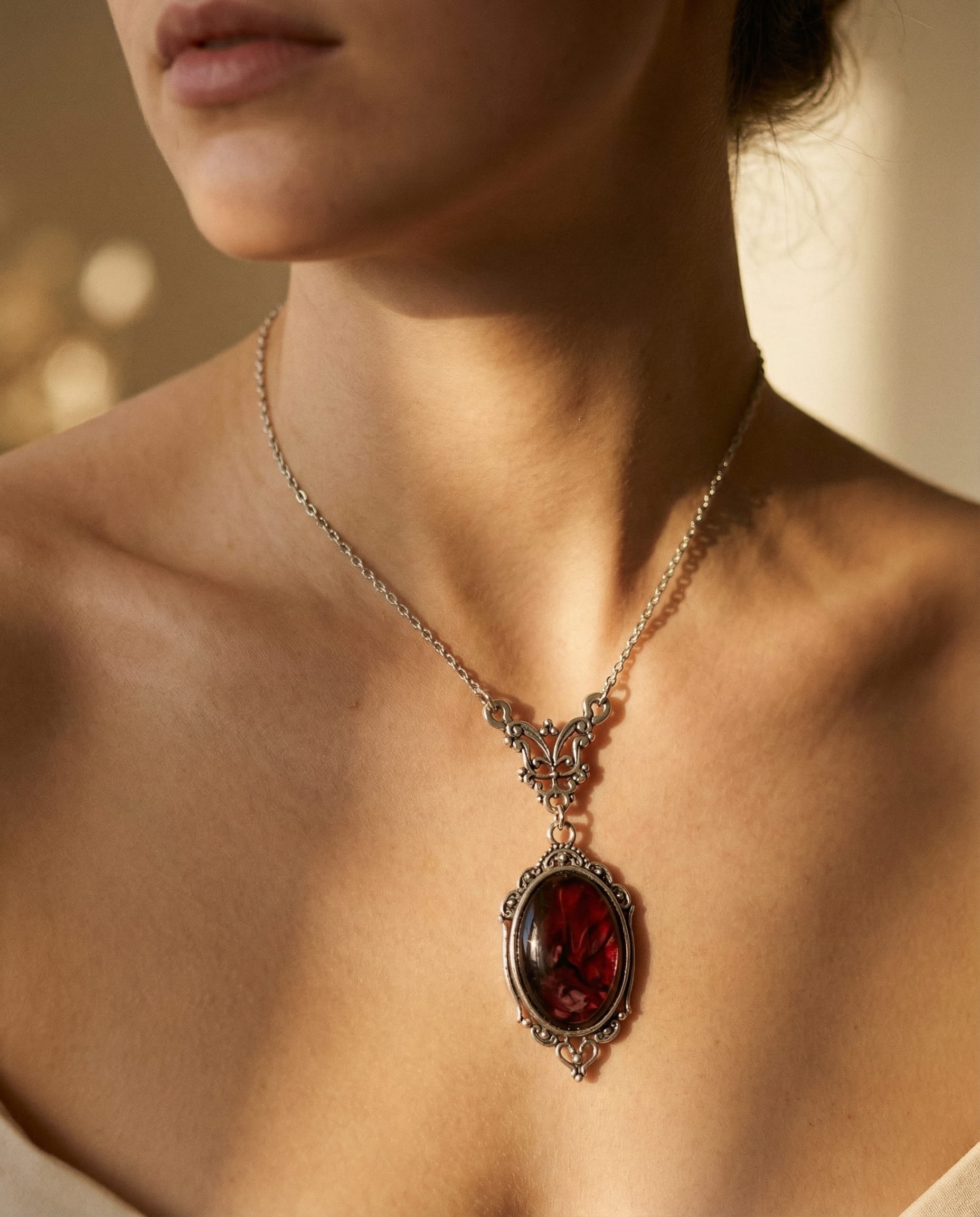 Vintage Silver and Red Quartz Pendant Necklace