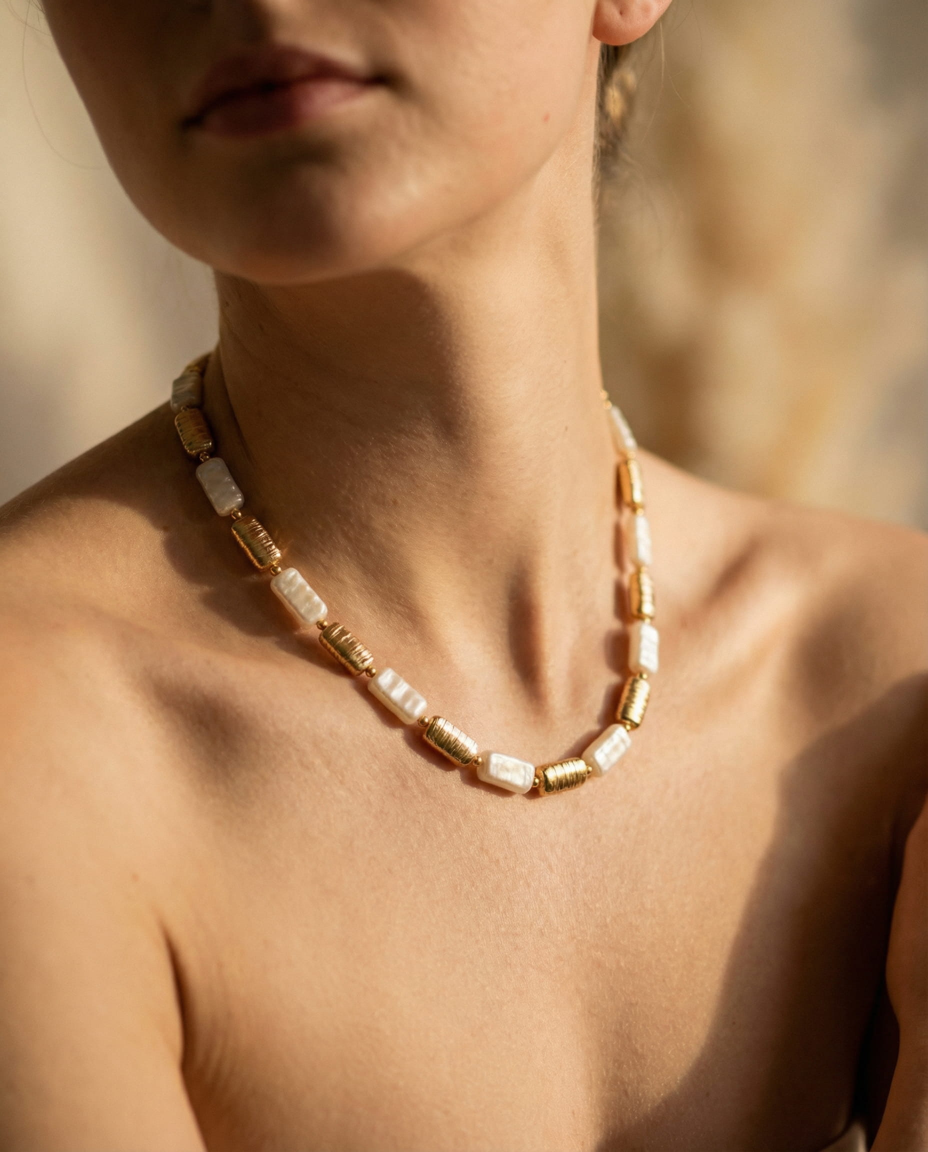 Vintage Gold and White Rectangular Pearl Necklace