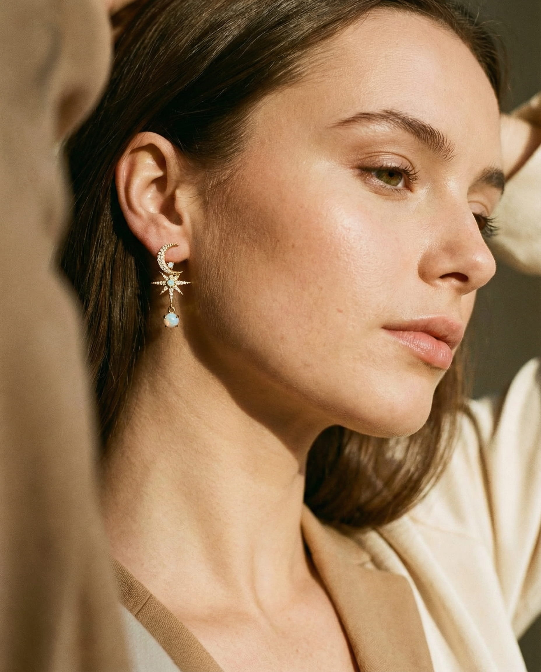 Gold Moon and Star Opal Earrings