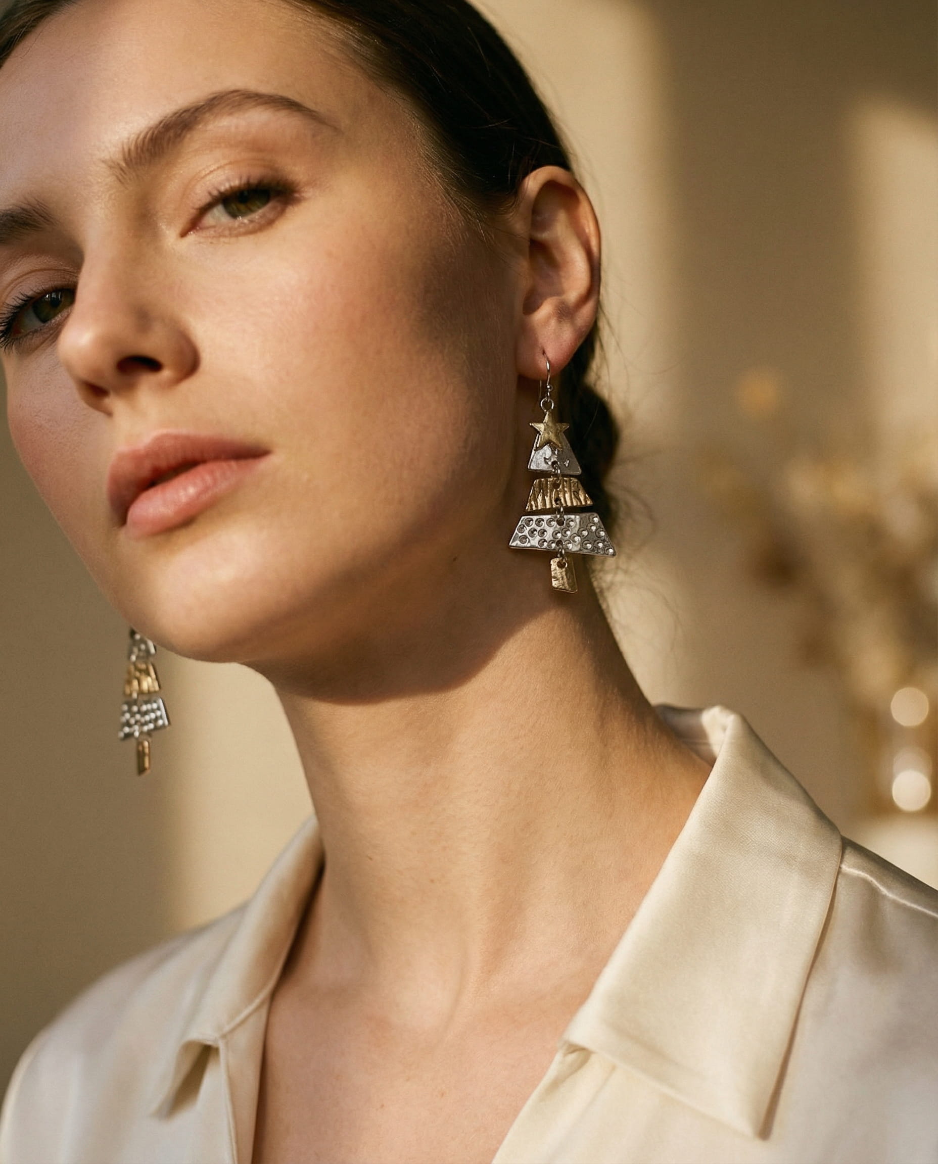 Mixed Metal Christmas Tree Drop Earrings