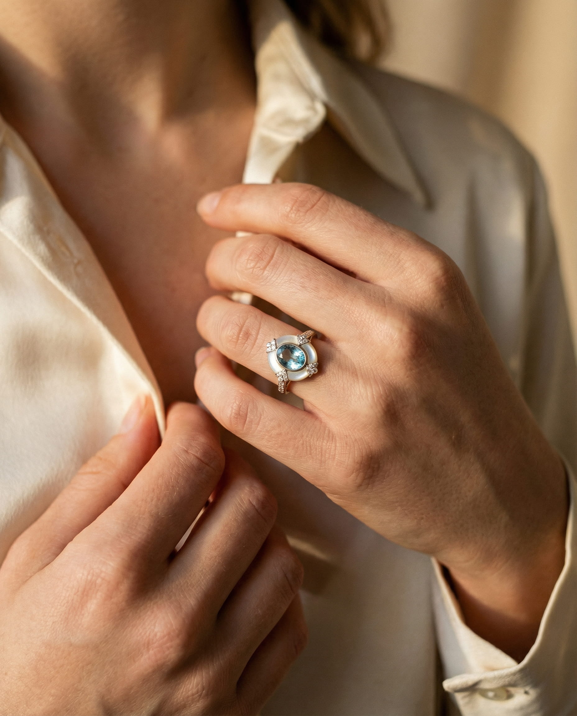 Timeless Adjustable Vintage White Silver and Aquamarine Ring