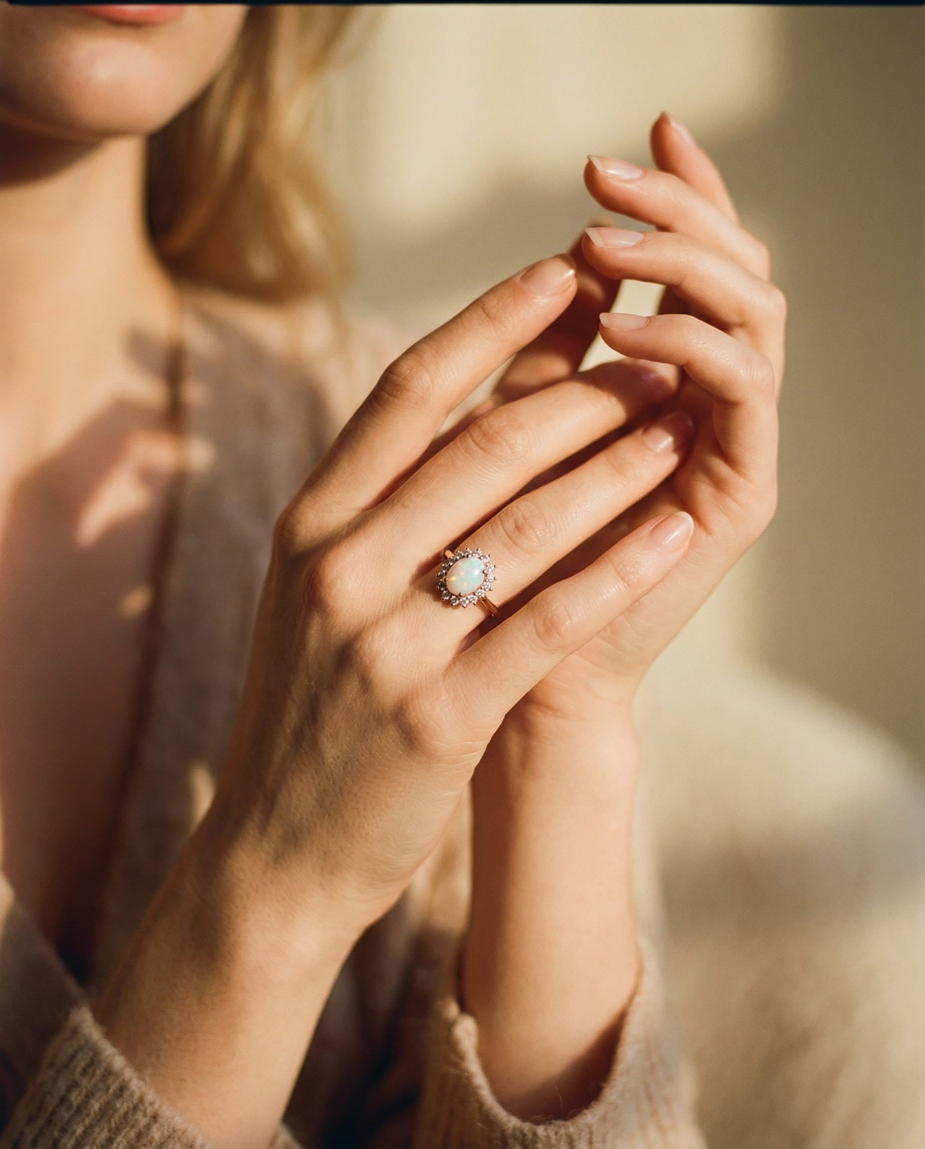 Vintage Rose Gold Oval Opal and Radiant Crystal Border Ring