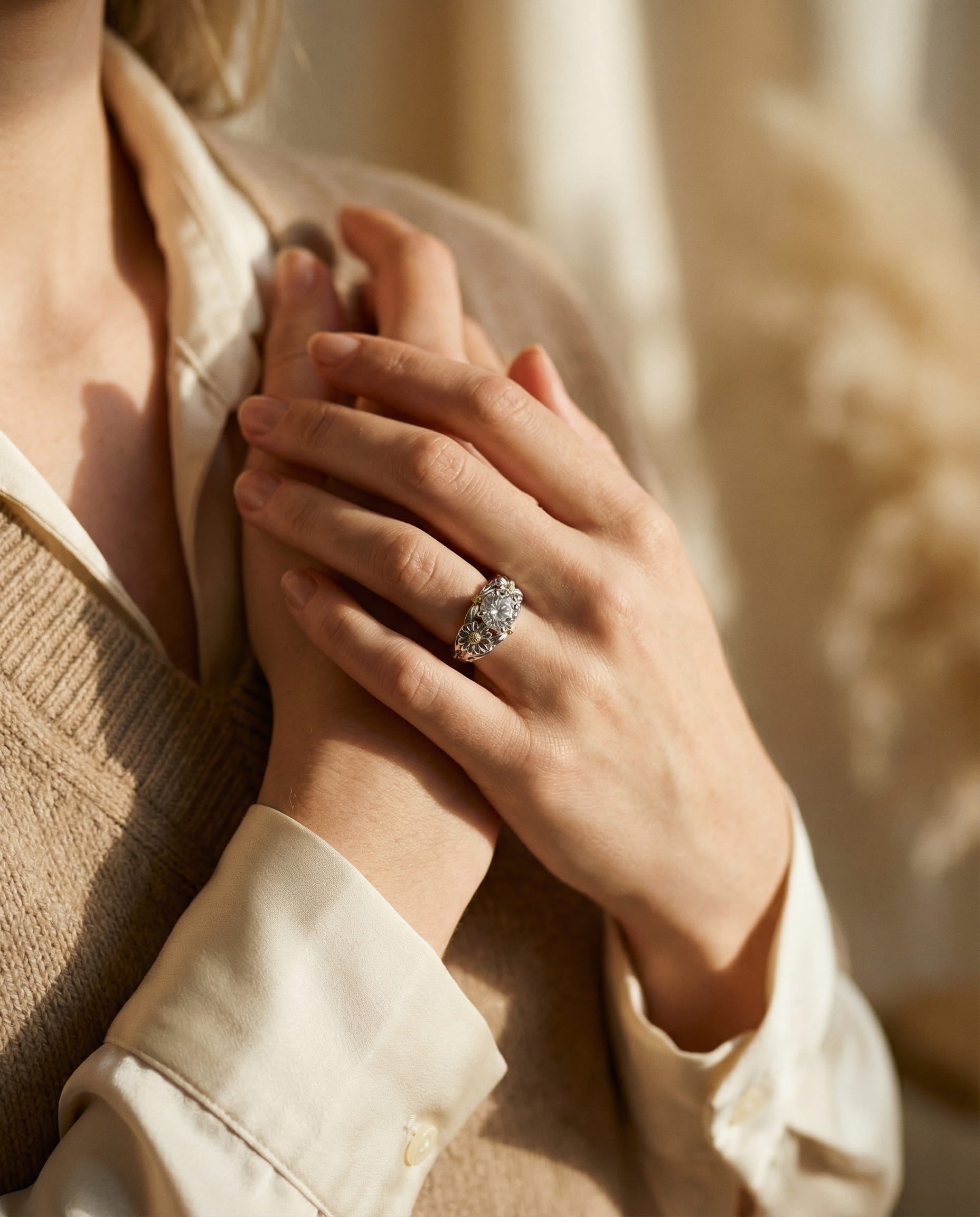 Vintage Silver Yellow Sunflower Ring