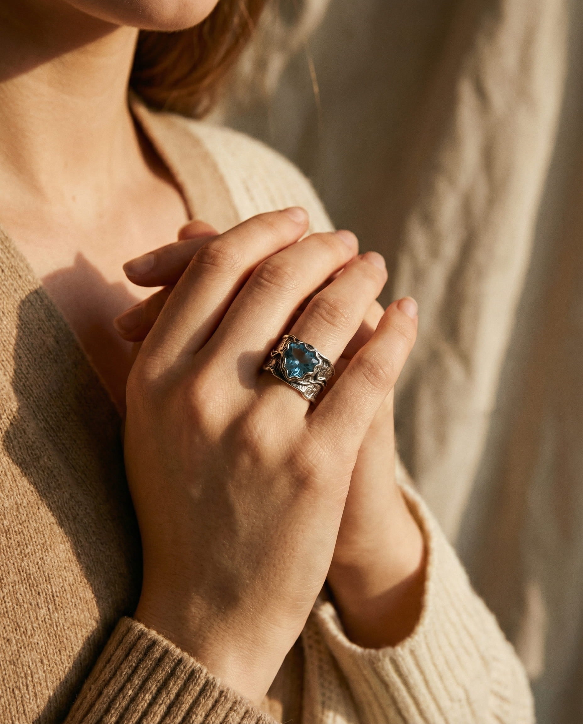 Antique Silver Blue Crystal Ring