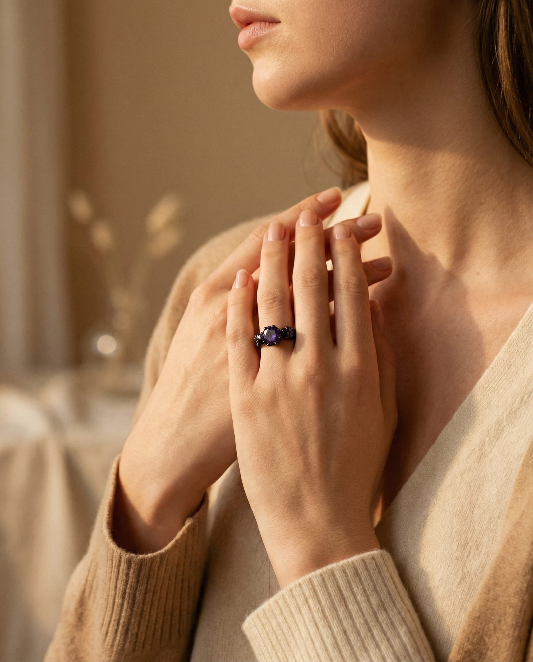 Vintage Round Black Purple Gemstone and Intricate Design Ring