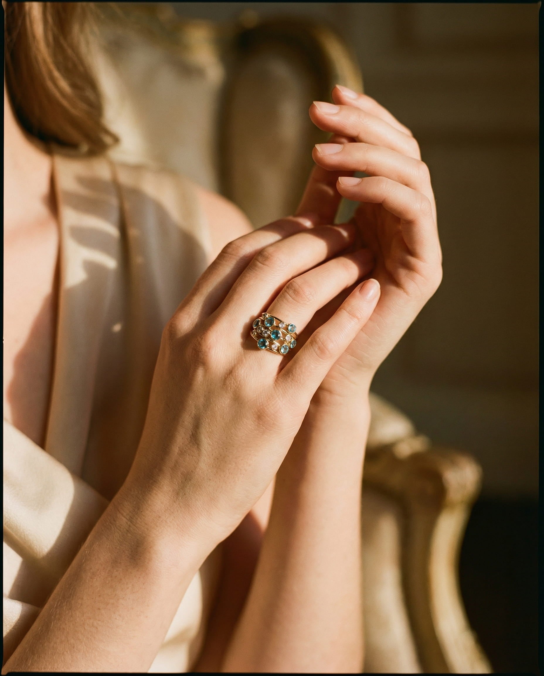 Vintage Gold Multiple Blue and White Cubic Zirconia Ring