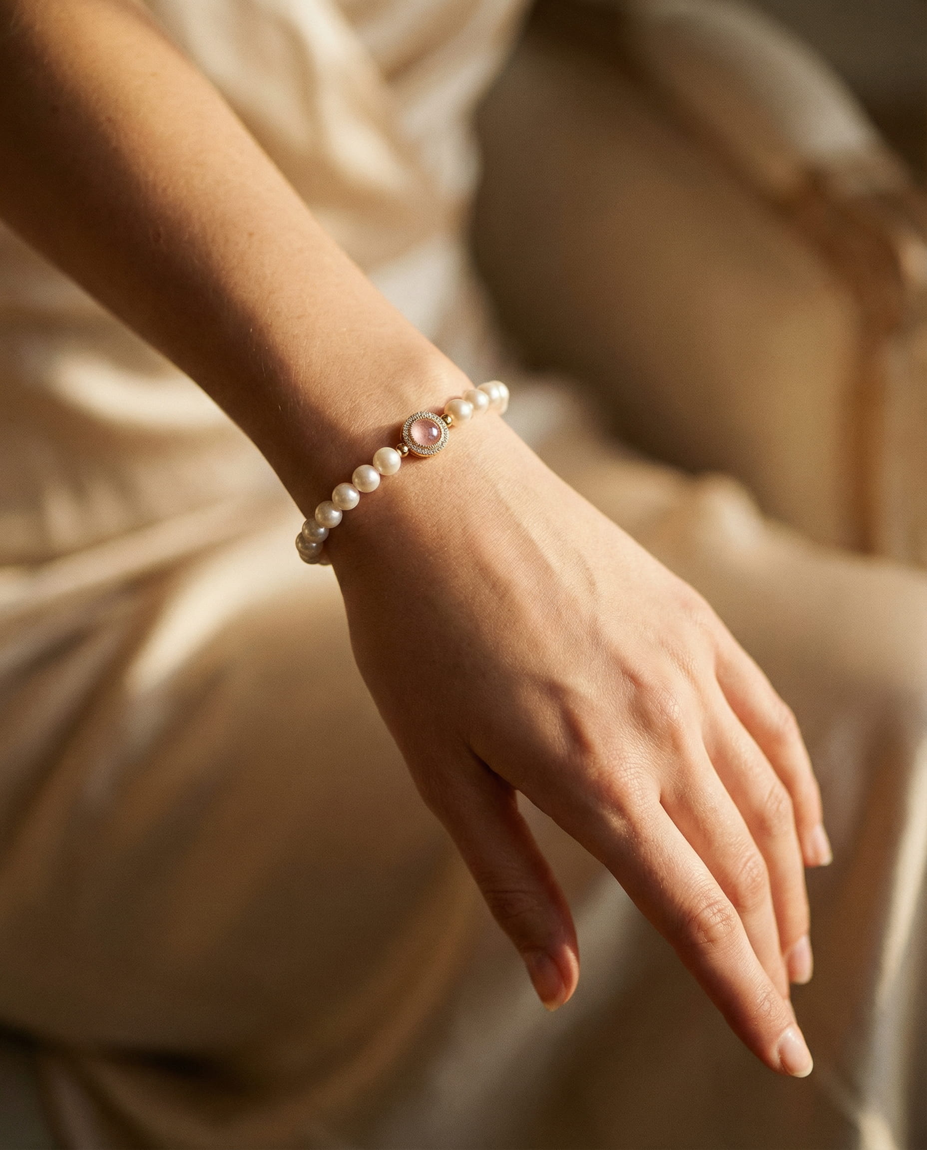 Vintage Gold Rose Quartz Pearl Bracelet