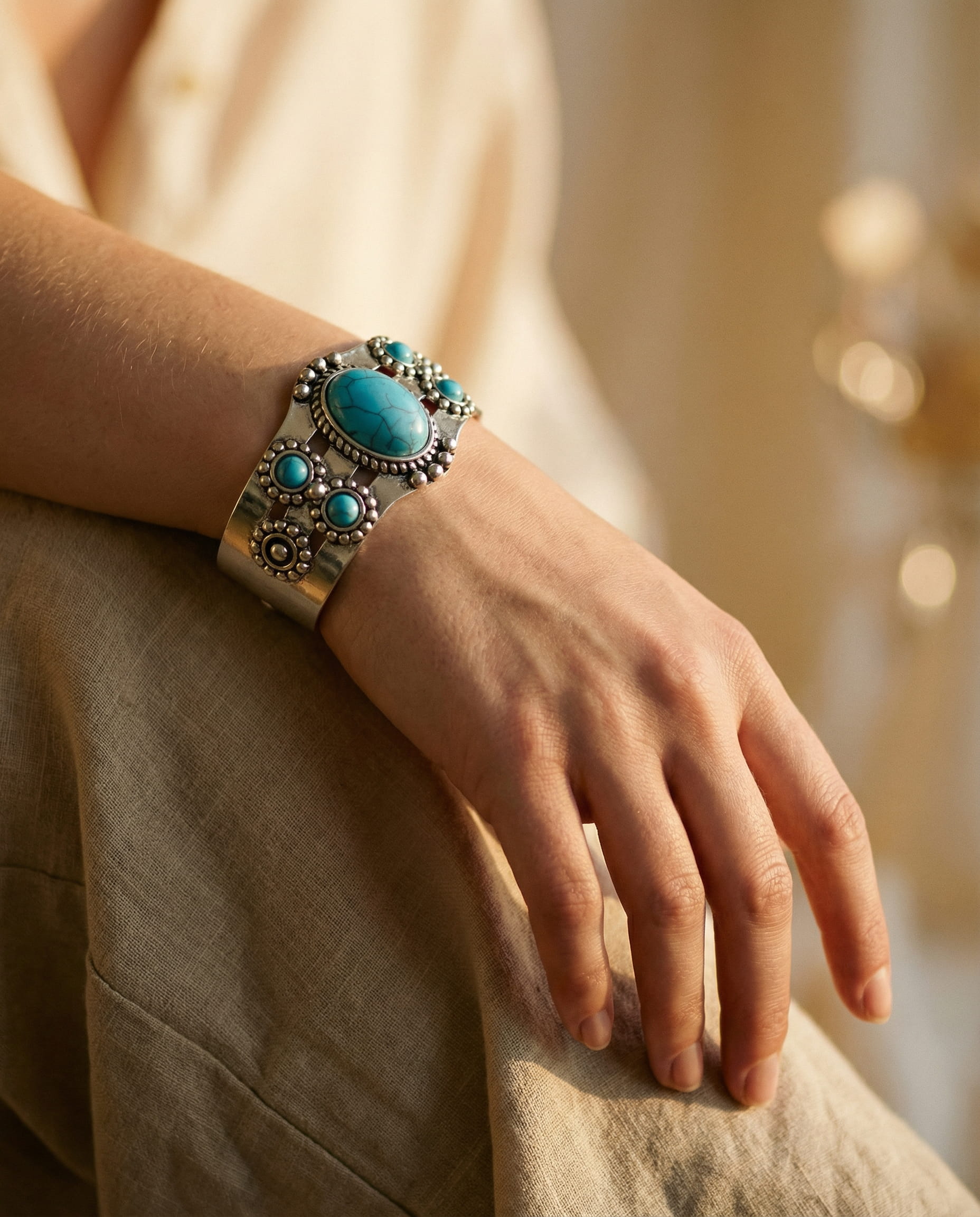 Vintage Open Adjustable Silver and Turquoise Bracelet