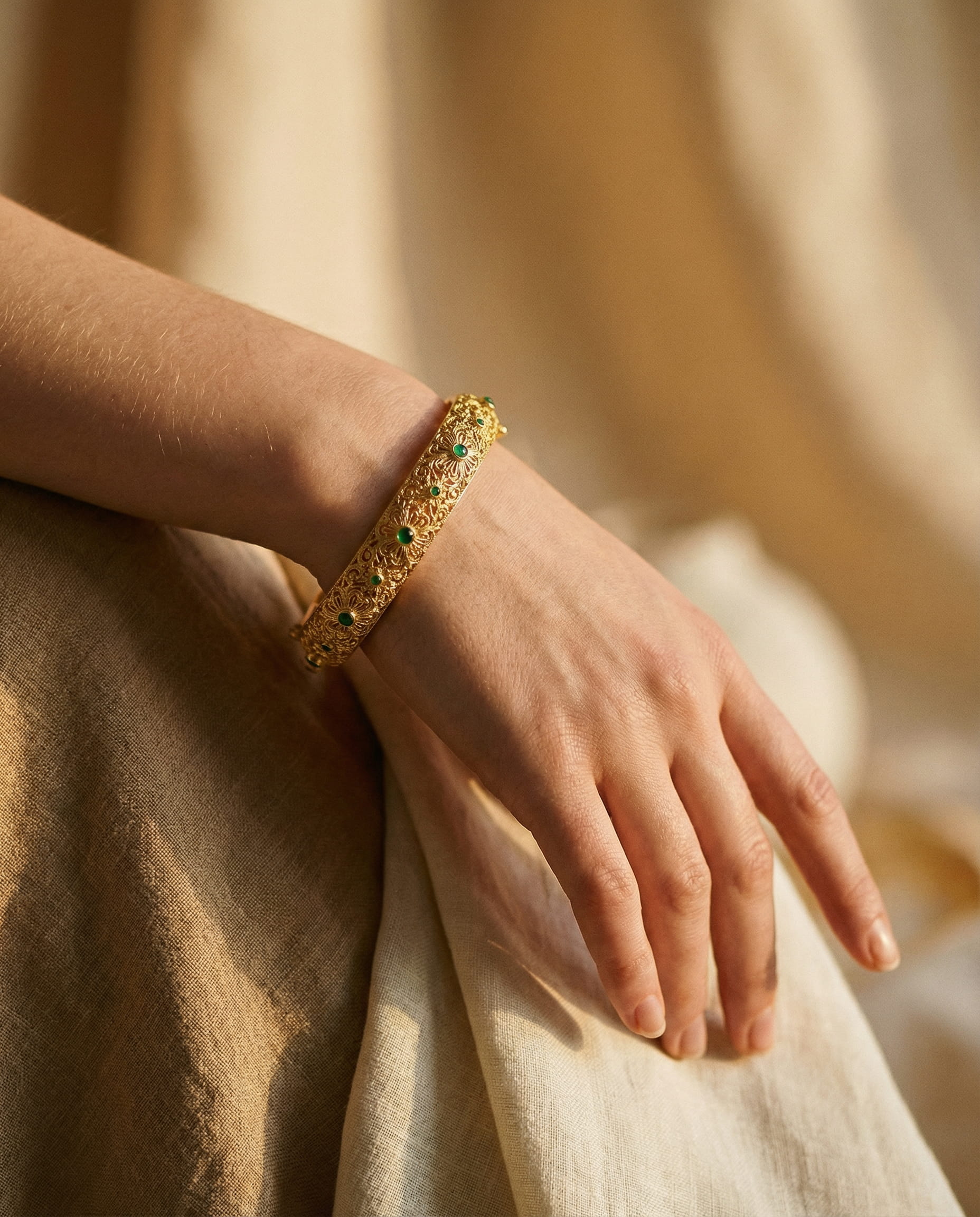 Ethnic Style Gold Green Gemstone Bangle with Floral Pattern