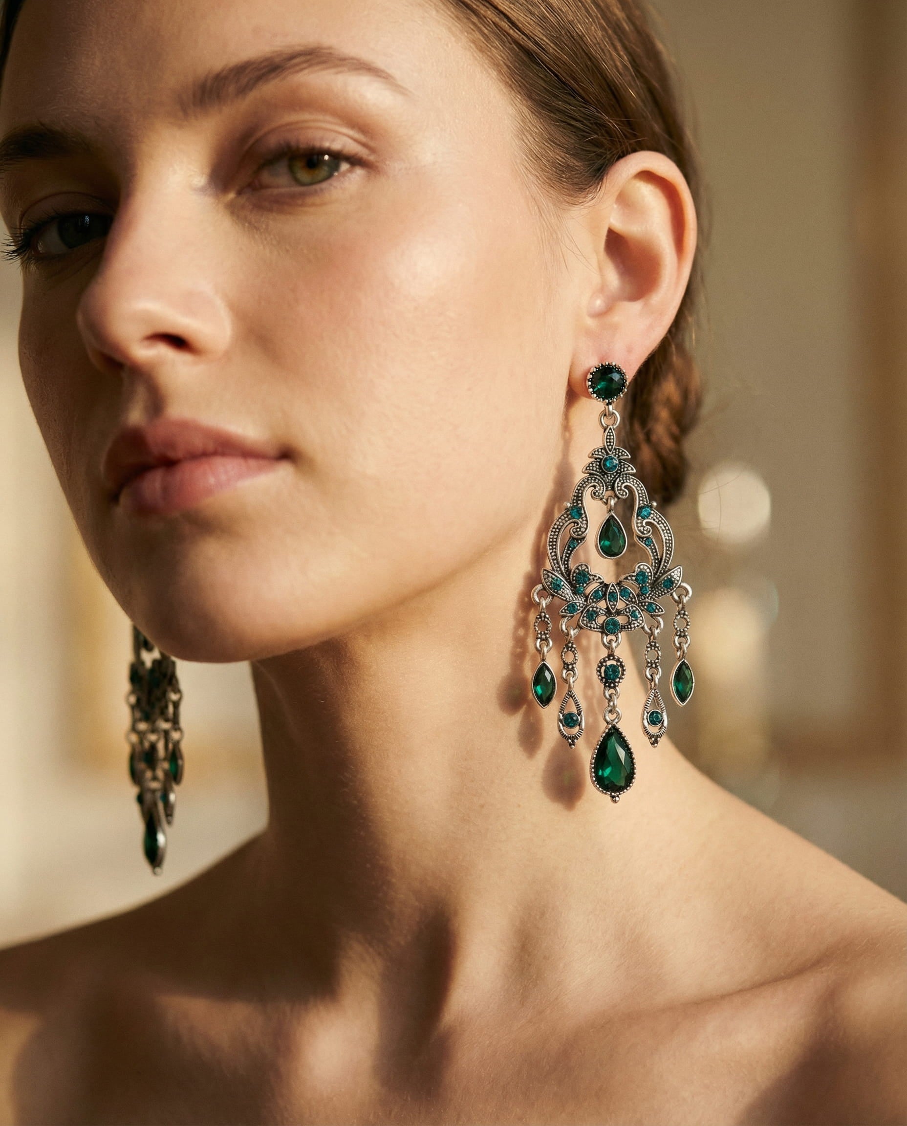 Blue Crystal and Pom-Pom Earrings