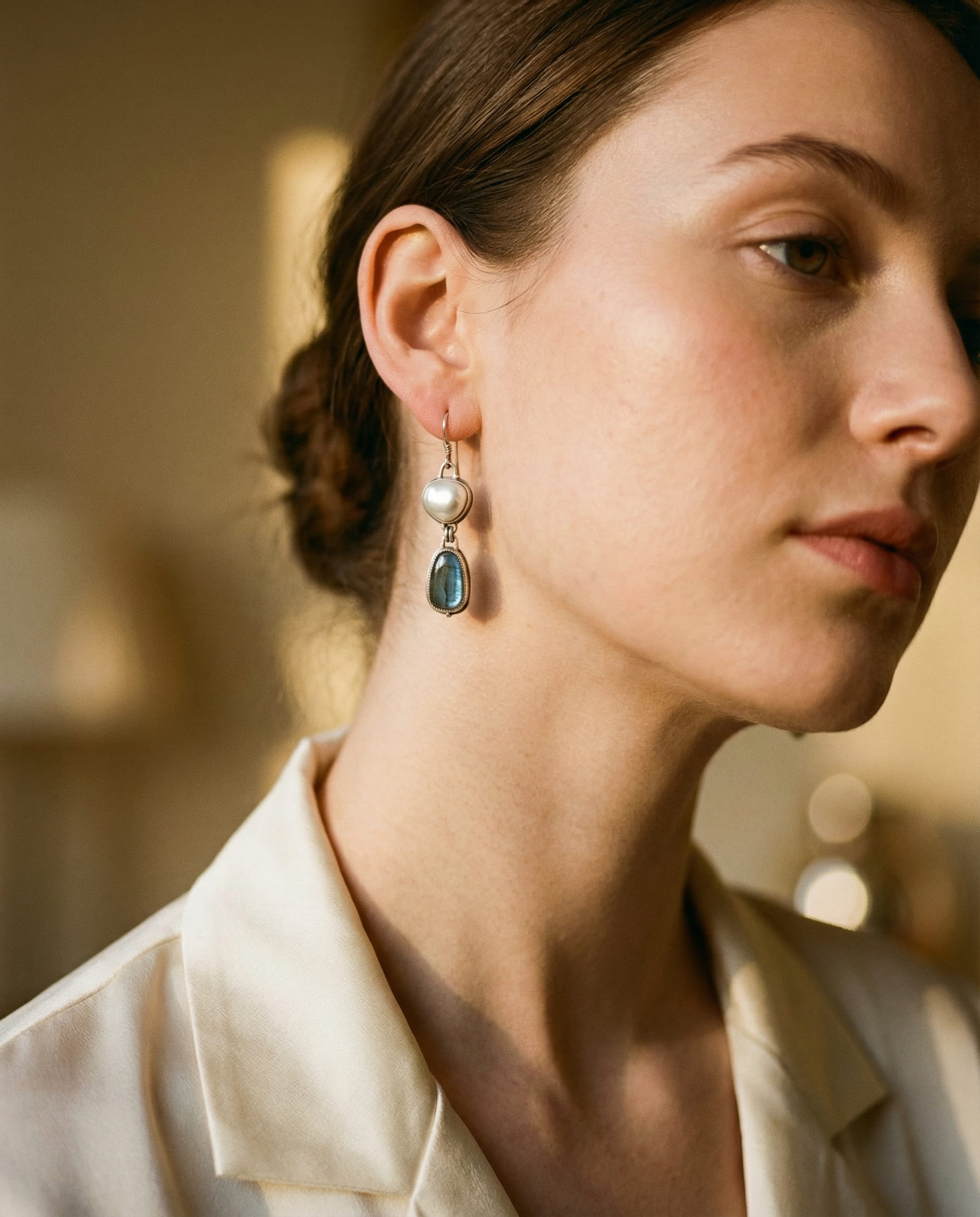 Vintage Silver Natural Stone and Pearl Earrings