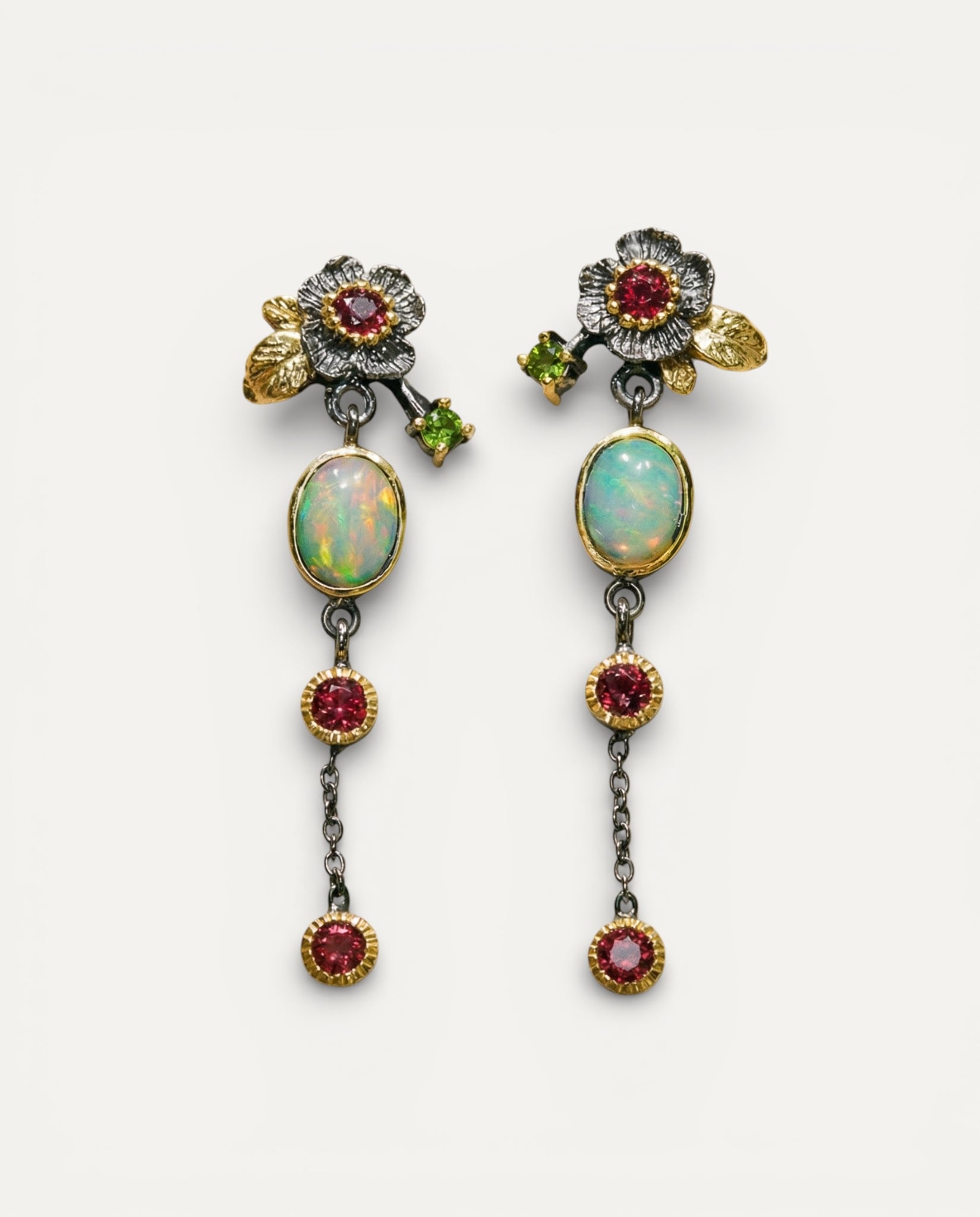 Vintage Gold Blue Opal and Red Crystal Earrings