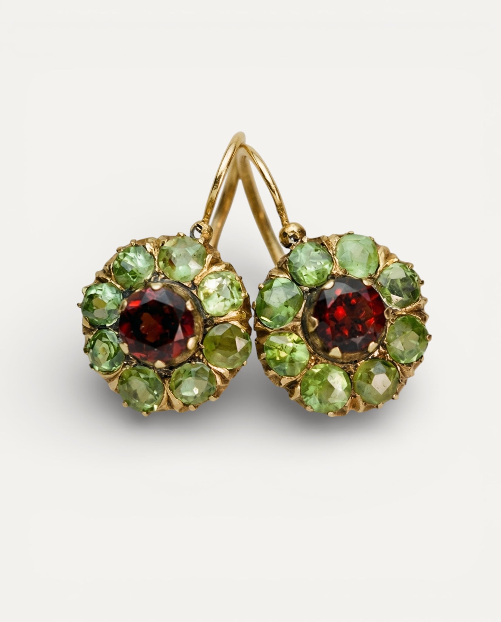Vintage Round Earrings with Green and Red Crystals