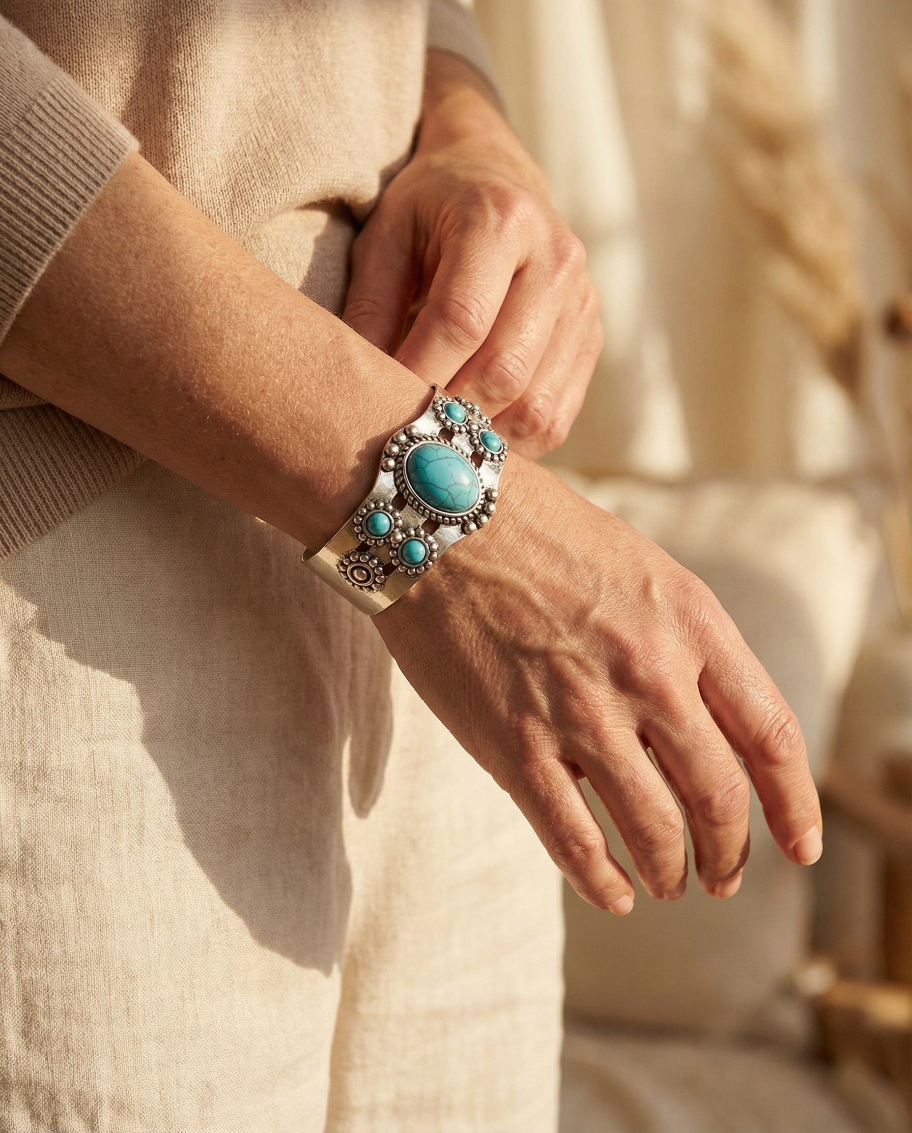 Vintage Open Adjustable Silver and Turquoise Bracelet