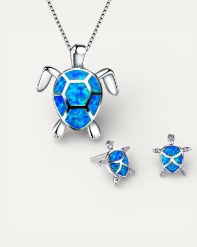 Sea Turtle Necklace and Earring Set in Opal and Silver