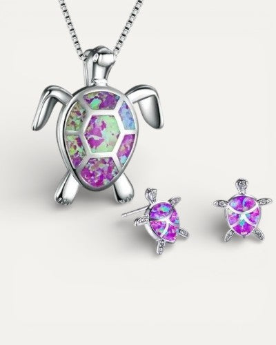 Sea Turtle Necklace and Earring Set in Opal and Silver
