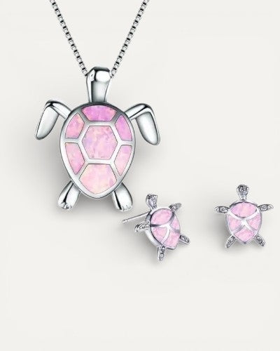 Sea Turtle Necklace and Earring Set in Opal and Silver